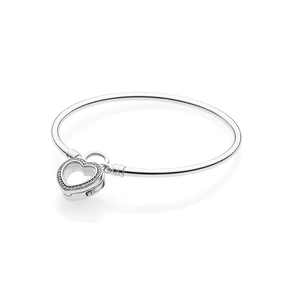 PANDORA Moments Silver Bangle, Sparkling Floating Heart Locket - 597253CZ