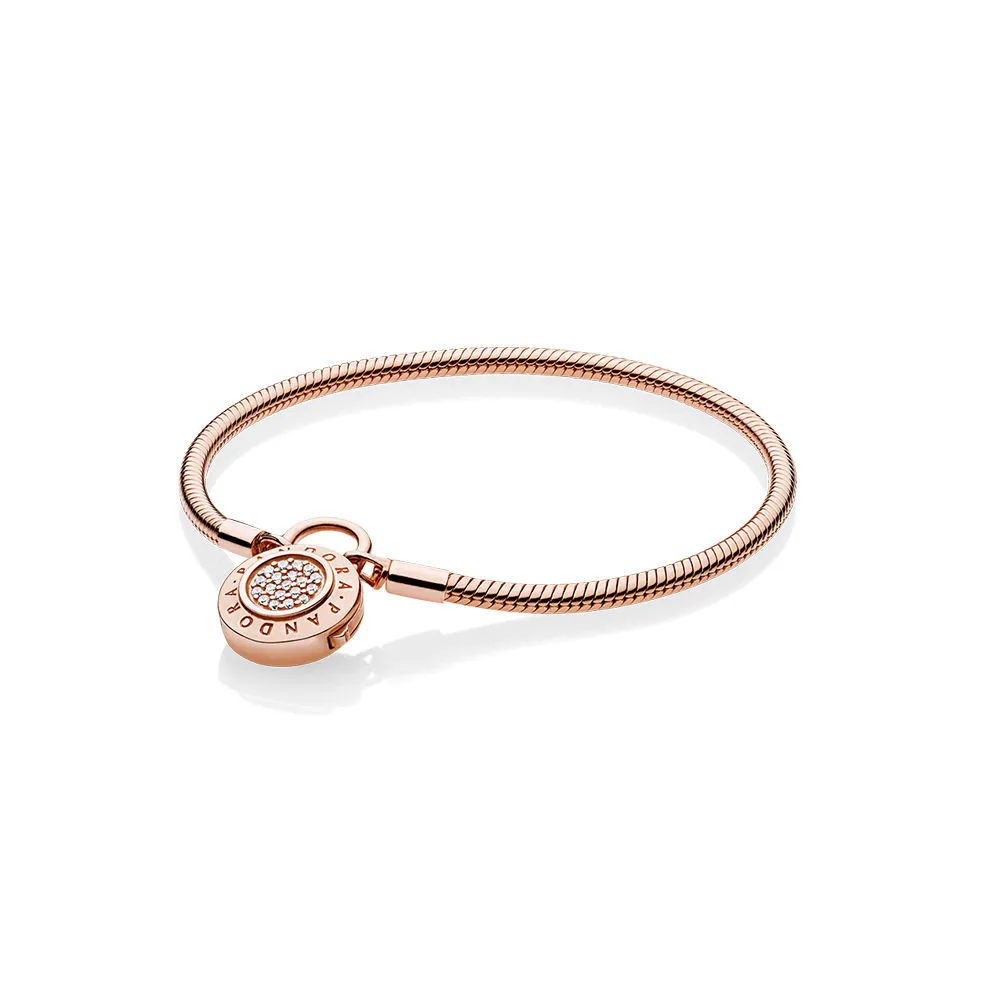 PANDORA Rose snake chain bracelet and PANDORA logo padlock clasp with clear cubic zirconia - 587757CZ