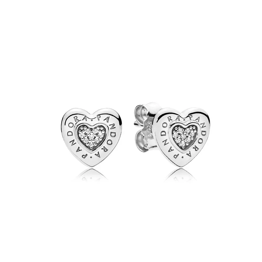 PANDORA logo heart silver stud earrings with clear cubic zirconia - 297382CZ