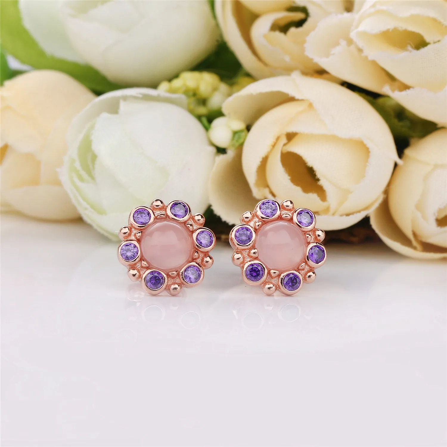 PANDORA Rose stud earrings with pink mist and royal purple crystal - 287728NPM