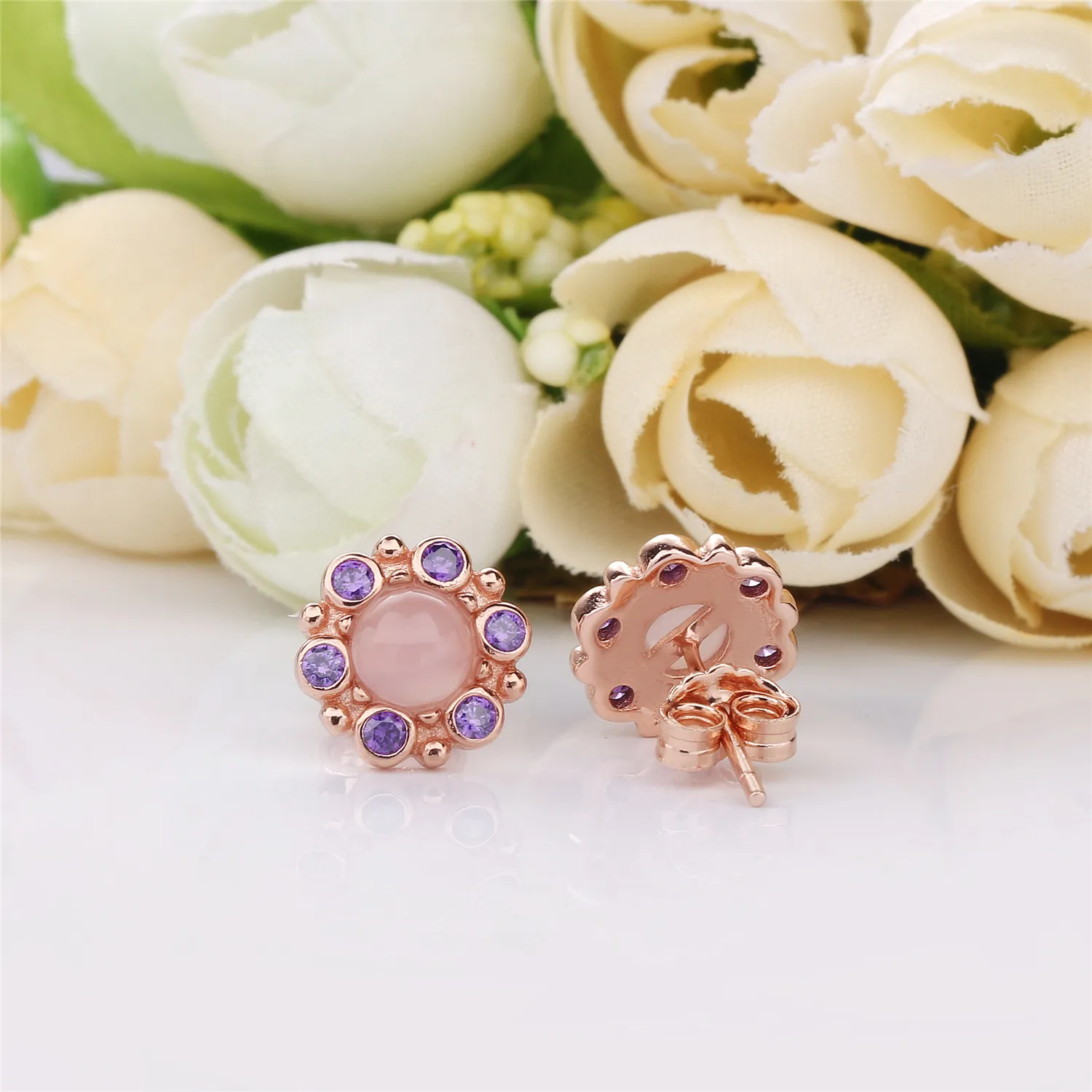 PANDORA Rose stud earrings with pink mist and royal purple crystal - 287728NPM