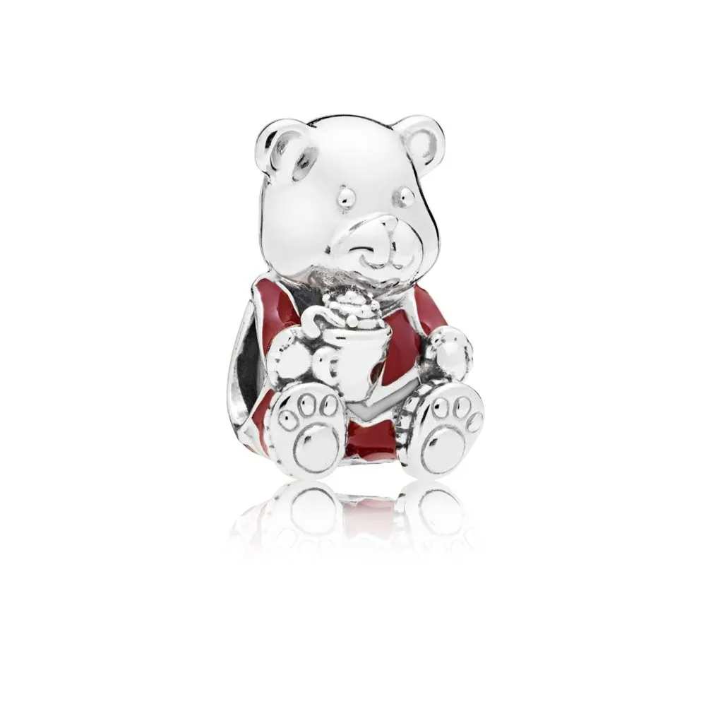 Pandora Christmas teddy bear silver charm with red and white enamel - 797564ENMX