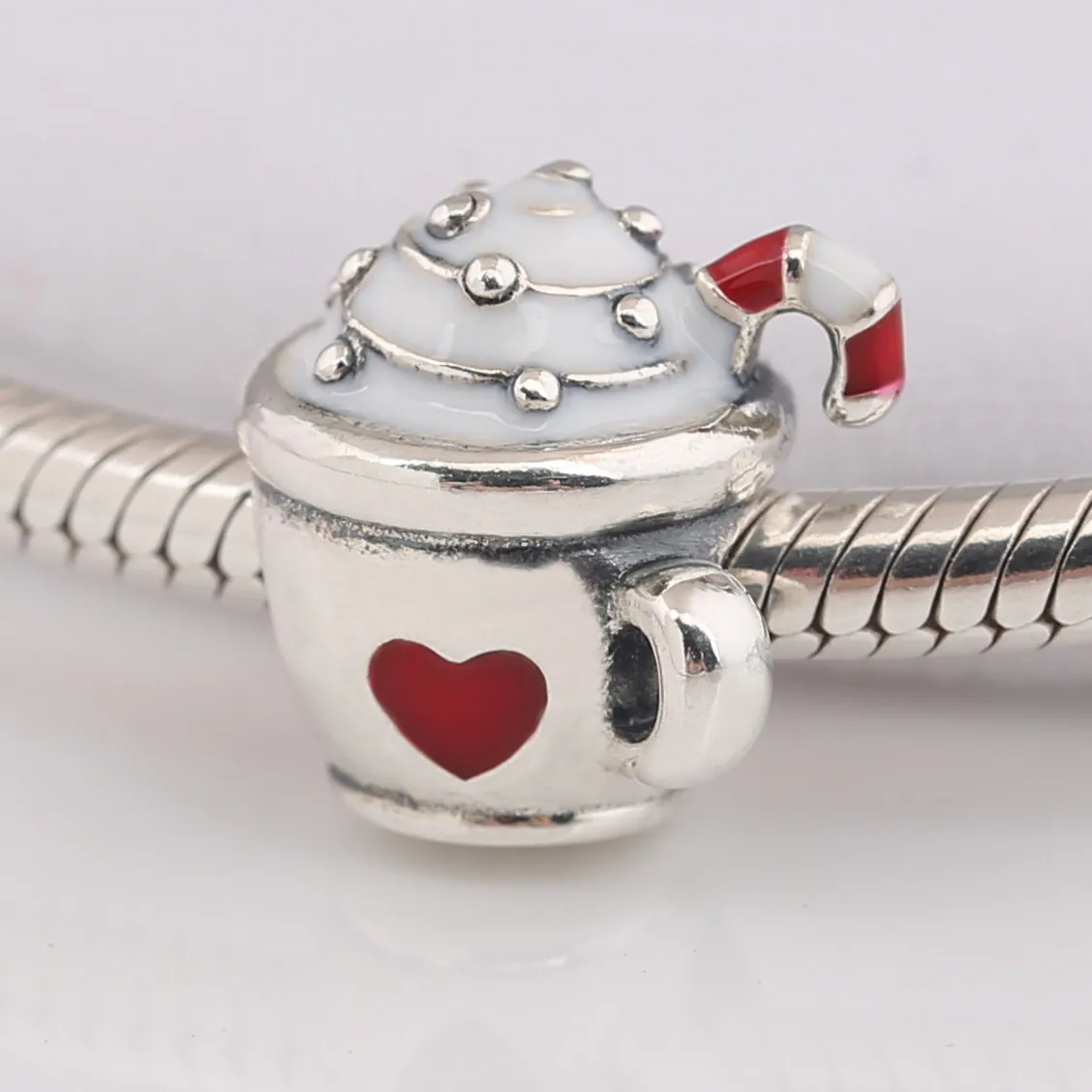 Pandora Cocoa mug silver charm with red and white enamel - 797523ENMX