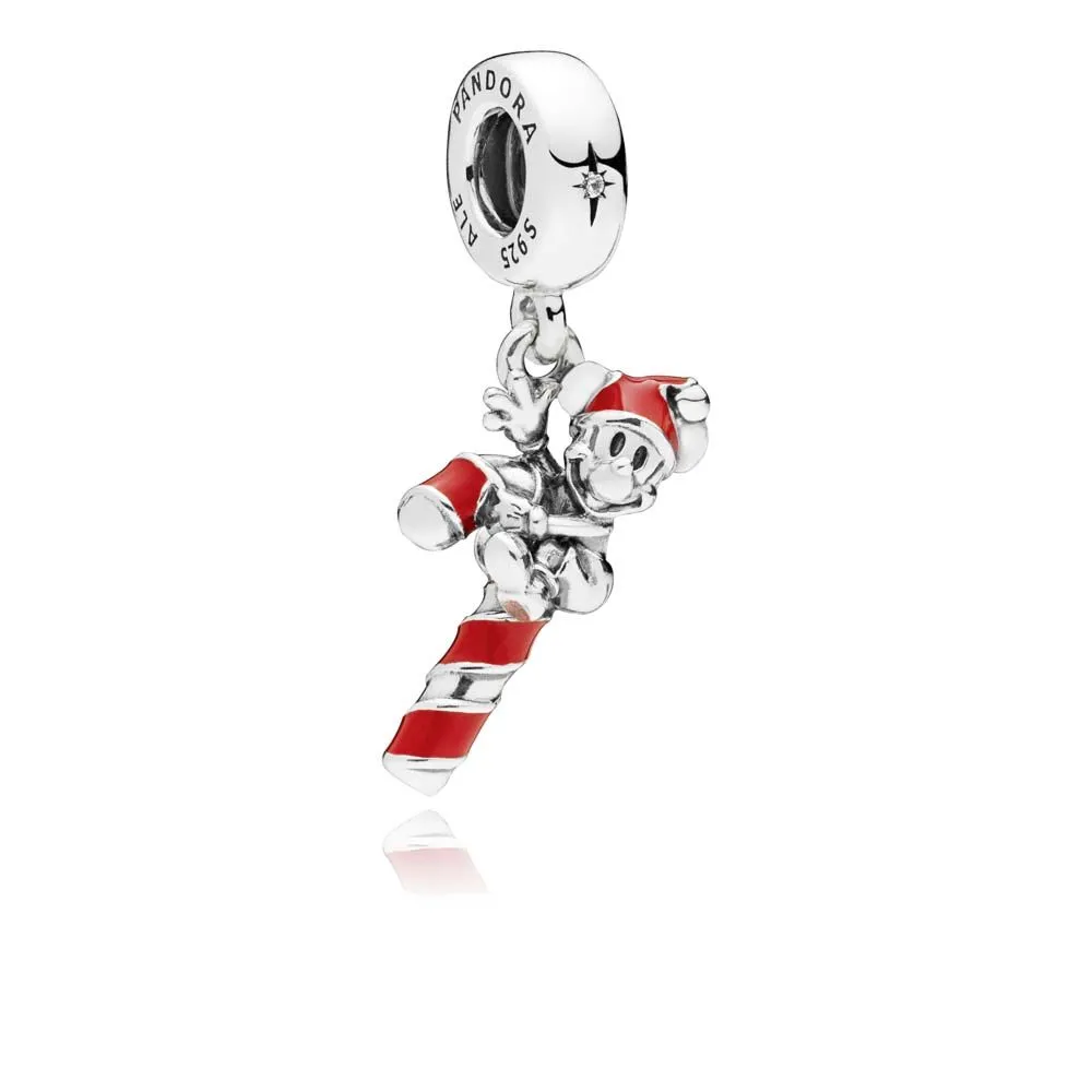 pandora disney mickey candy cane sølv dingler med rød emalje og klare cubic zirconia 797500en09