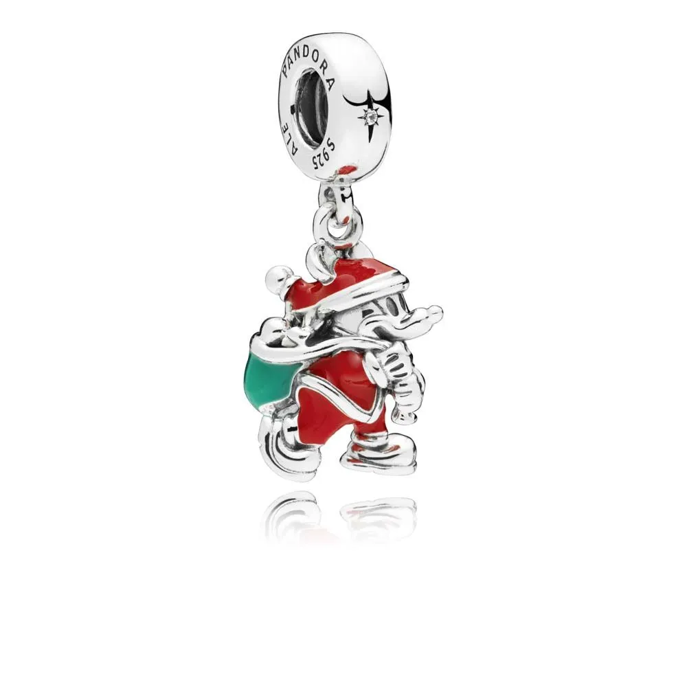 pandora disney mickey santa sølv dingler med rød grønn emalje og klare cubic zirconia 797501enmx