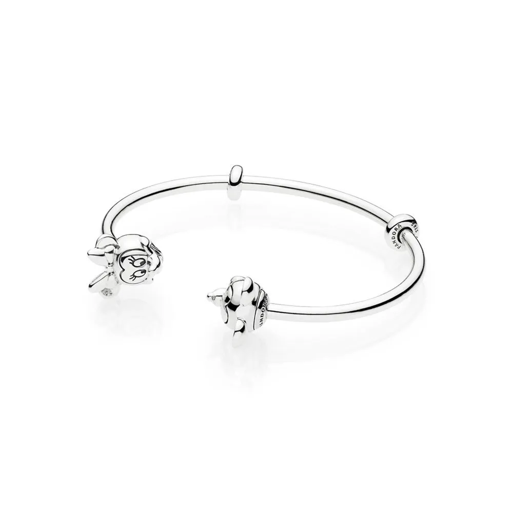 Pandora Disney open silver bangle with silicone stoppers and Mickey & Minnie interchangeable end caps - 597494