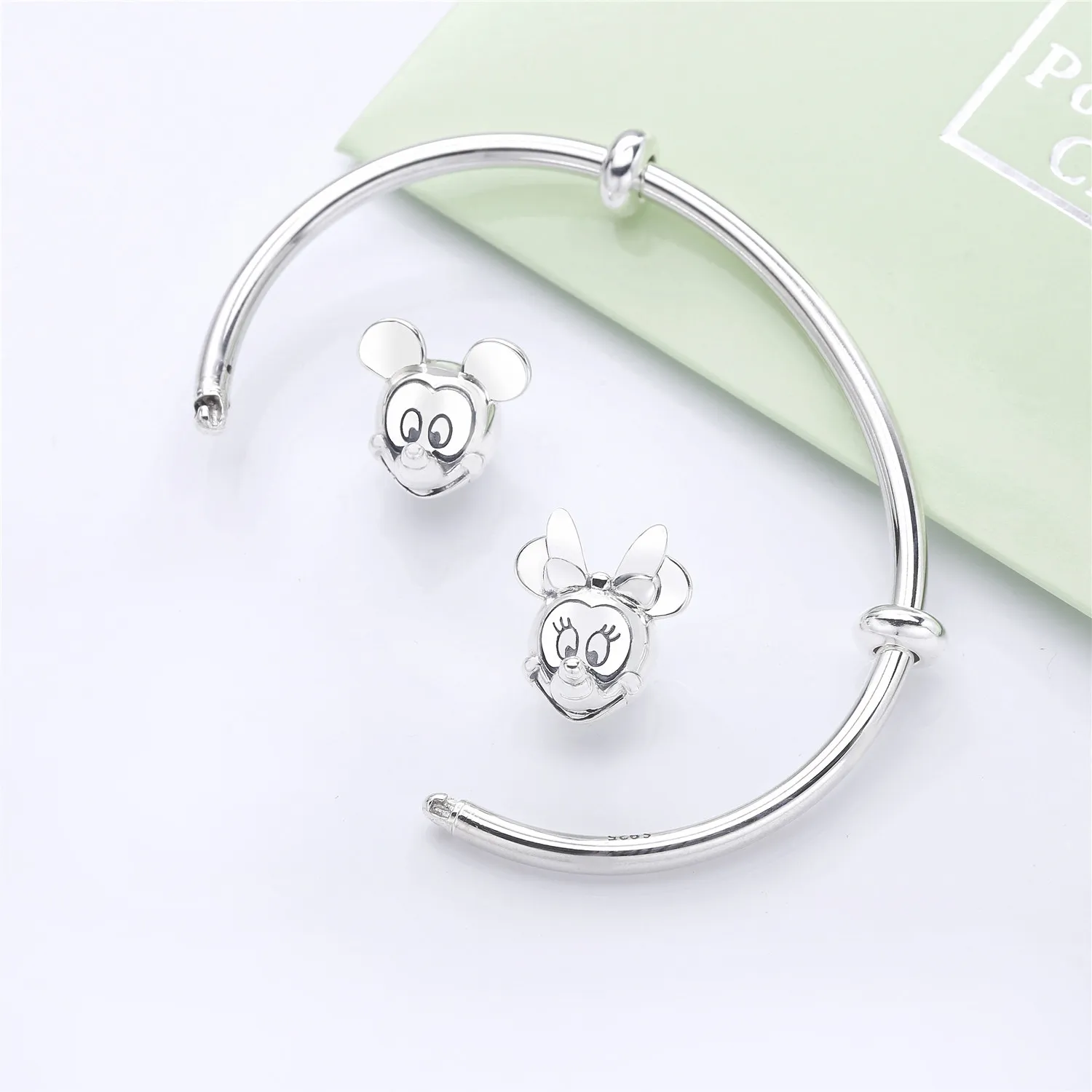 Pandora Disney open silver bangle with silicone stoppers and Mickey & Minnie interchangeable end caps - 597494