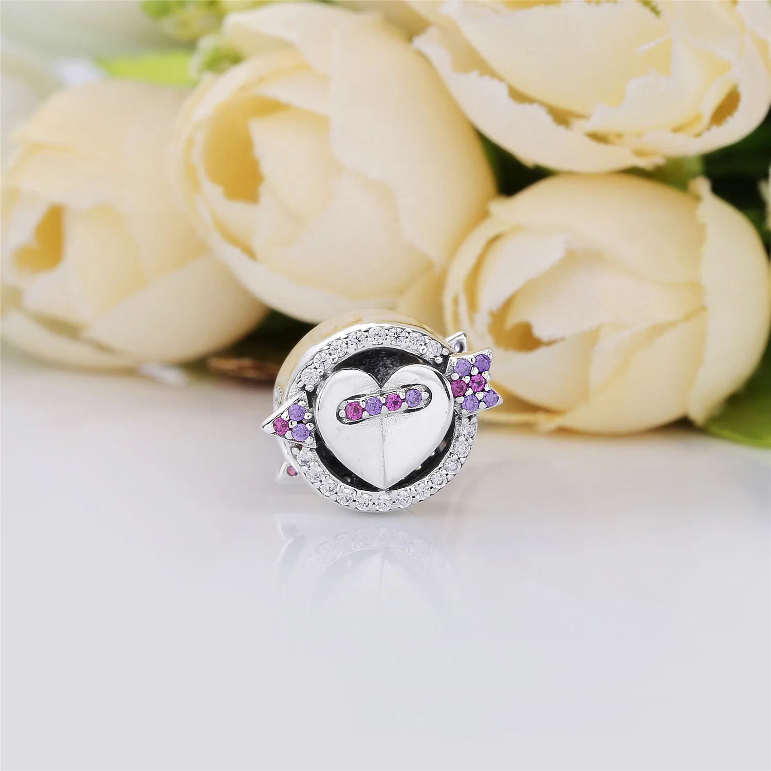 Pandora Heart and arrow silver charm with clear and red cubic zirconia and royal purple crystal - 797827CZMX