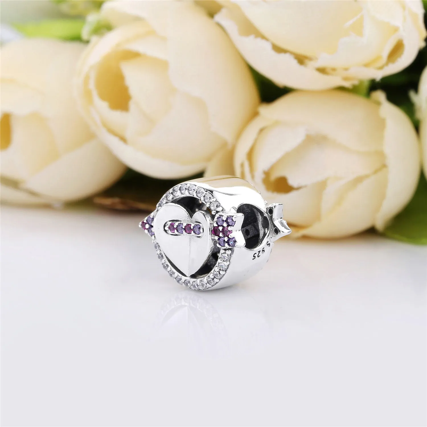 Pandora Heart and arrow silver charm with clear and red cubic zirconia and royal purple crystal - 797827CZMX