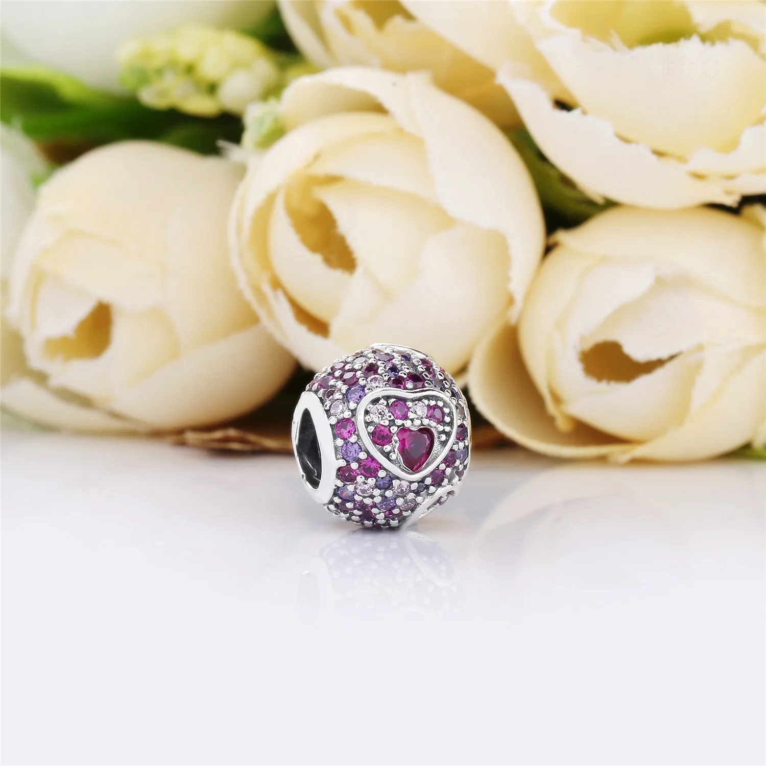 Pandora Heart silver charm with red and pink cubic zirconia and royal purple crystal - 797826CZRMX