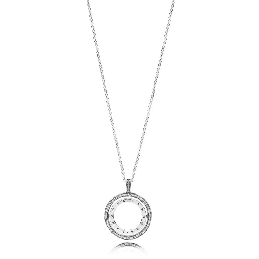 pandora logo spinning silver pendant with clear cubic zirconia and chain 397410cz