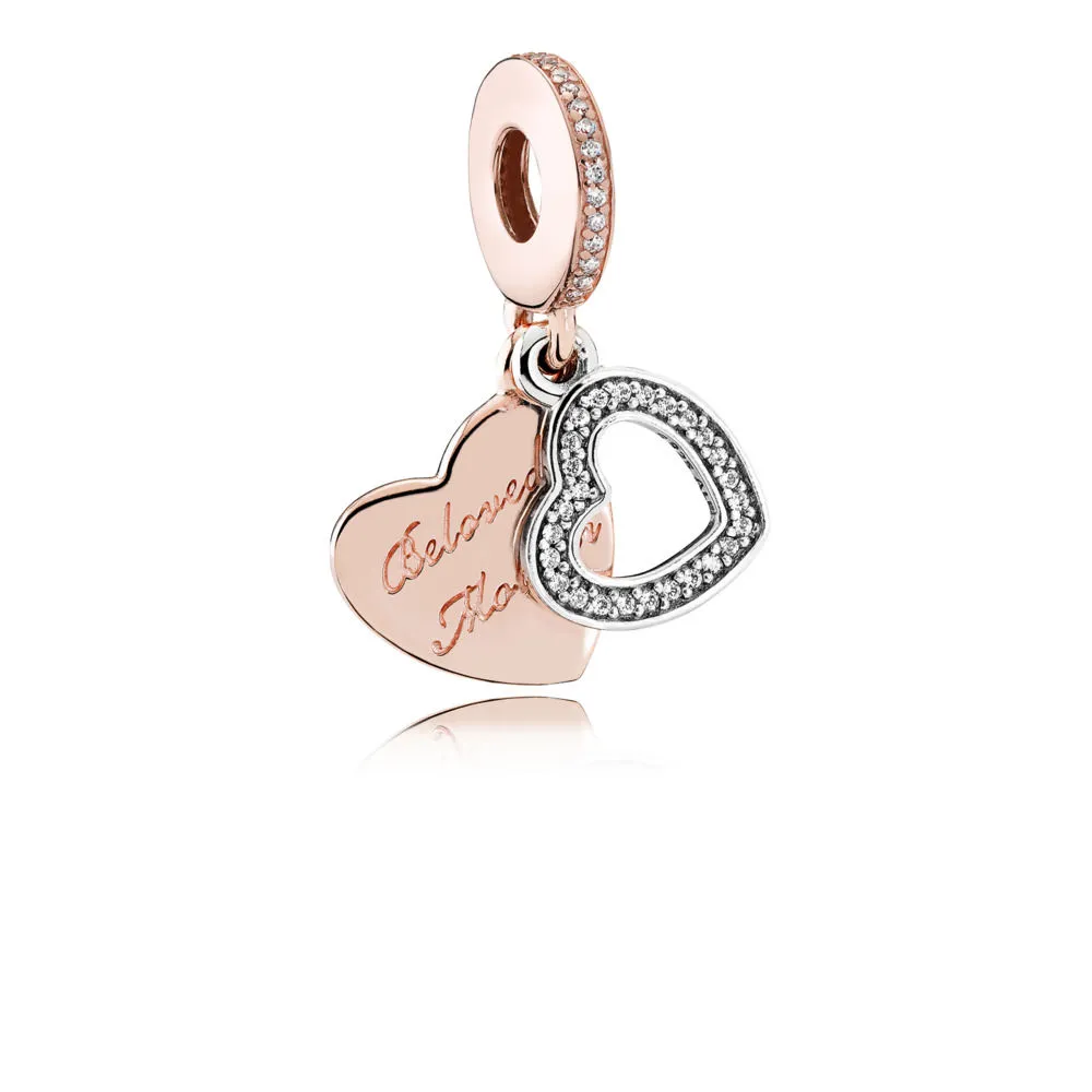 PANDORA Rose heart dangle with engraving Beloved Mother and silver heart with clear cubic zirconia Charm - 781883CZ