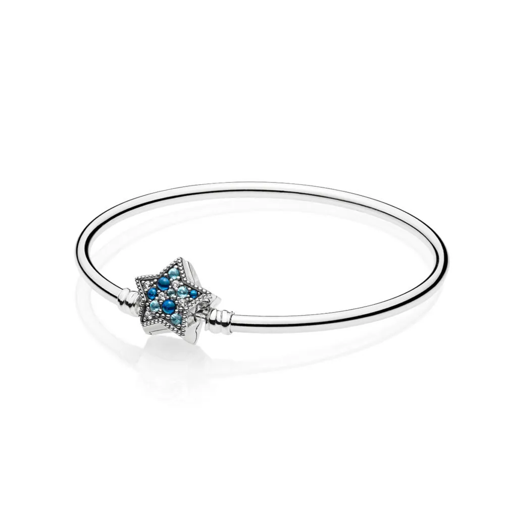 pandora silver bangle with star clasp with royal blue crystal icy green crystal clear cubic zirconia and engraving 597534ncbmx