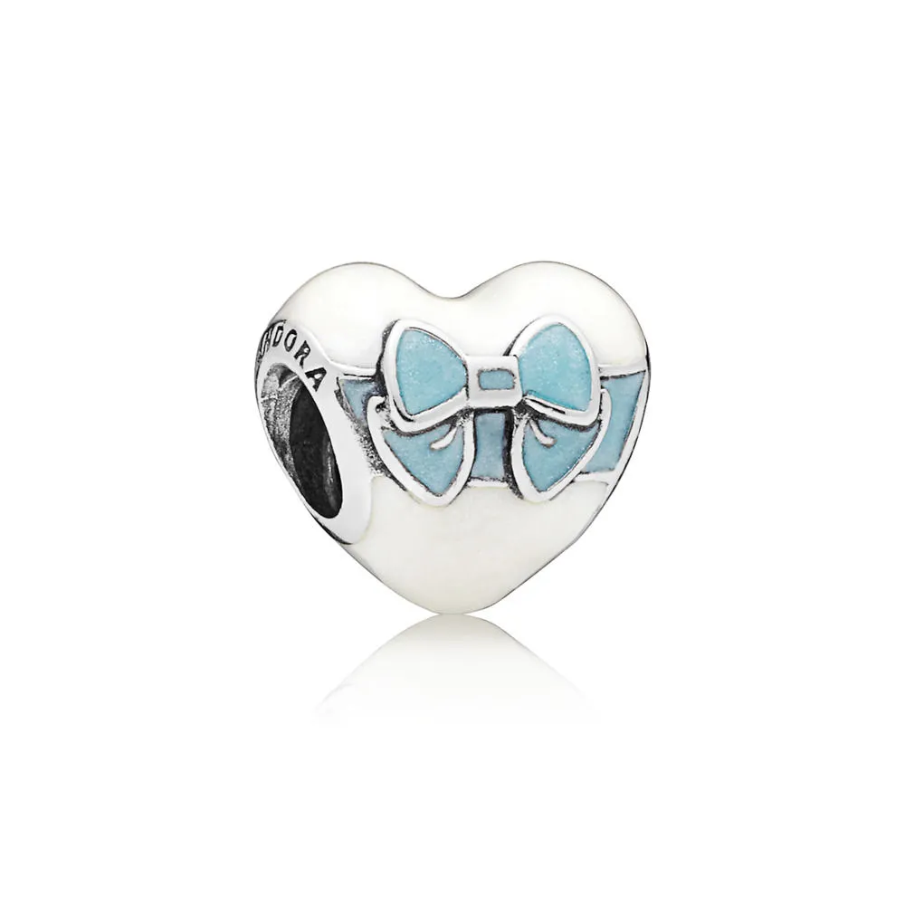 pandora heart with bow silver charm with silver and blue enamel 797784enmx