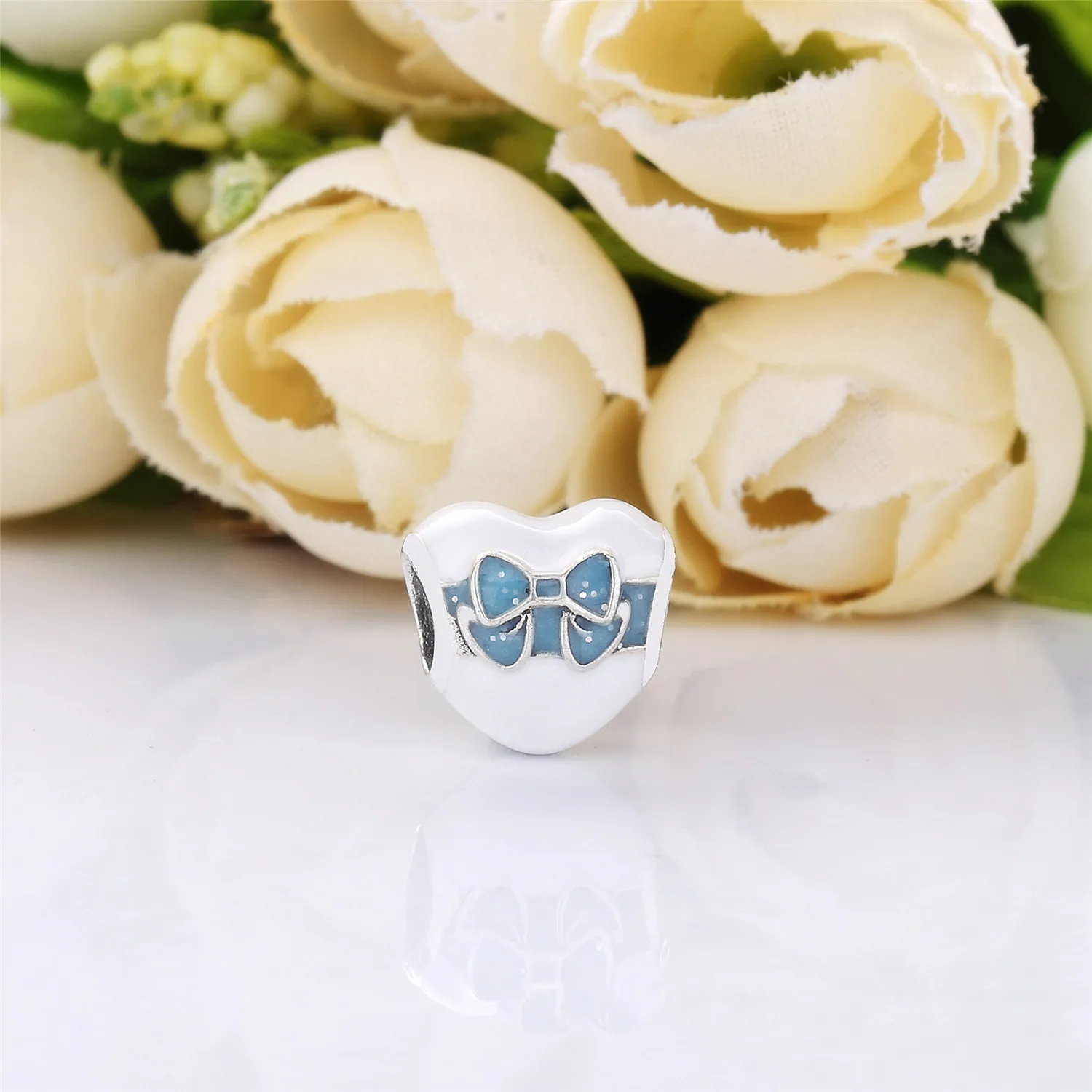 Pandora Heart with bow silver charm with silver and blue enamel - 797784ENMX