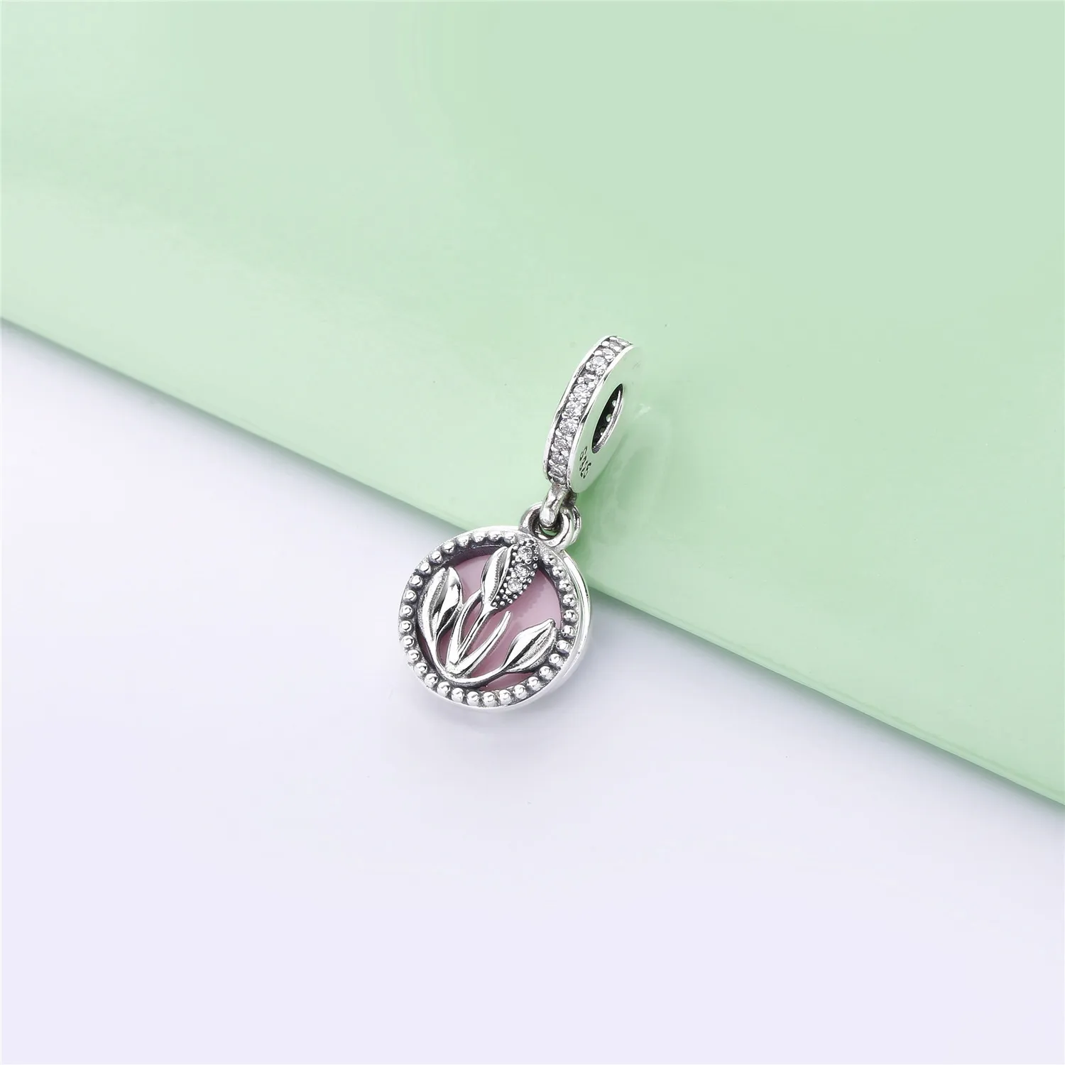 Pandora Tulipan sølv dingler med klar cubic zirconia, hvit og skyggelagt rosa emalje - 797825CZ