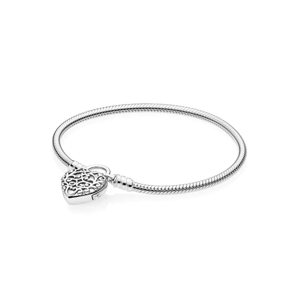 Pandora Snake chain silver bracelet and regal pattern heart padlock clasp - 597602