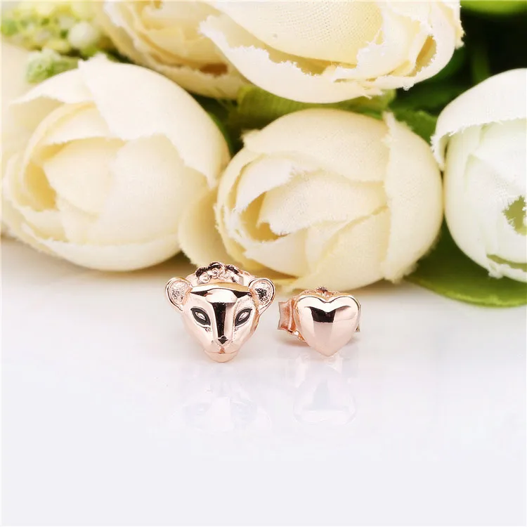 Lioness and heart Pandora Rose stud earrings with black enamel - 288022EN16