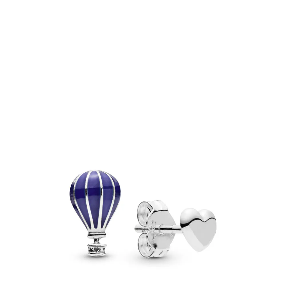 pandora air balloon and heart silver stud earrings with blue enamel 298058en195