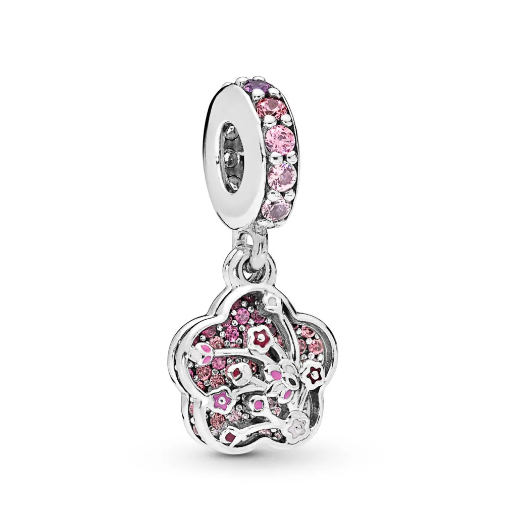 Pandora Blomster sølv dingler med cerise, rosa tåkekrystall, rosa syntetisk safir, fancy rosa og fancy fuchsia rosa CZ og emalje - 798112NCCMX