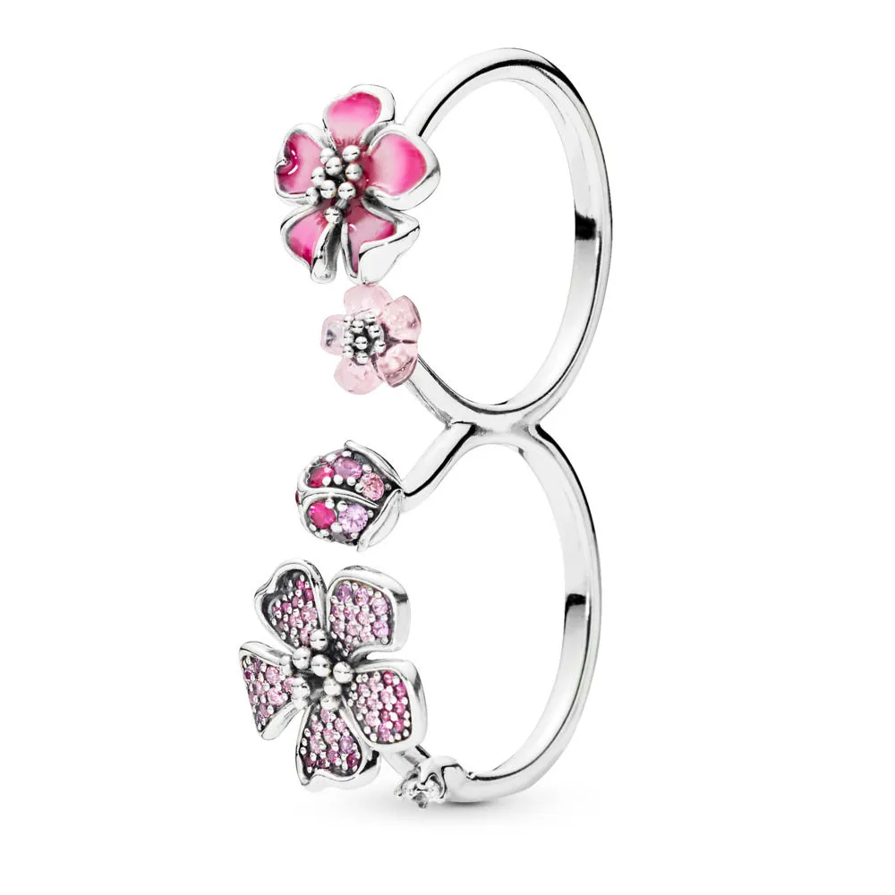 pandora double finger flower silver ring with cerise and fairy tale crystal pink and clear cz pink synthetic sapphire and pink