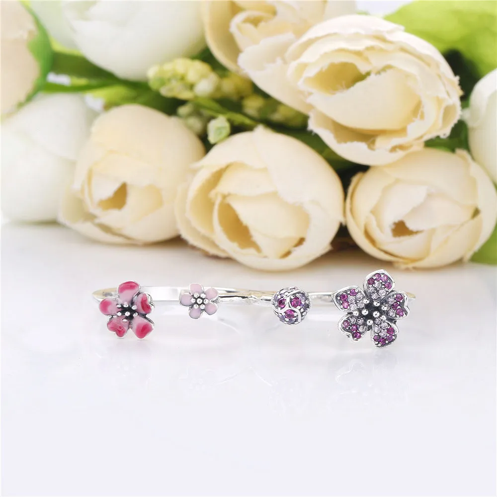 Pandora Double finger flower silver ring with cerise and fairy tale crystal, pink and clear CZ, pink synthetic sapphire and pink enamel - 198091NCCMX