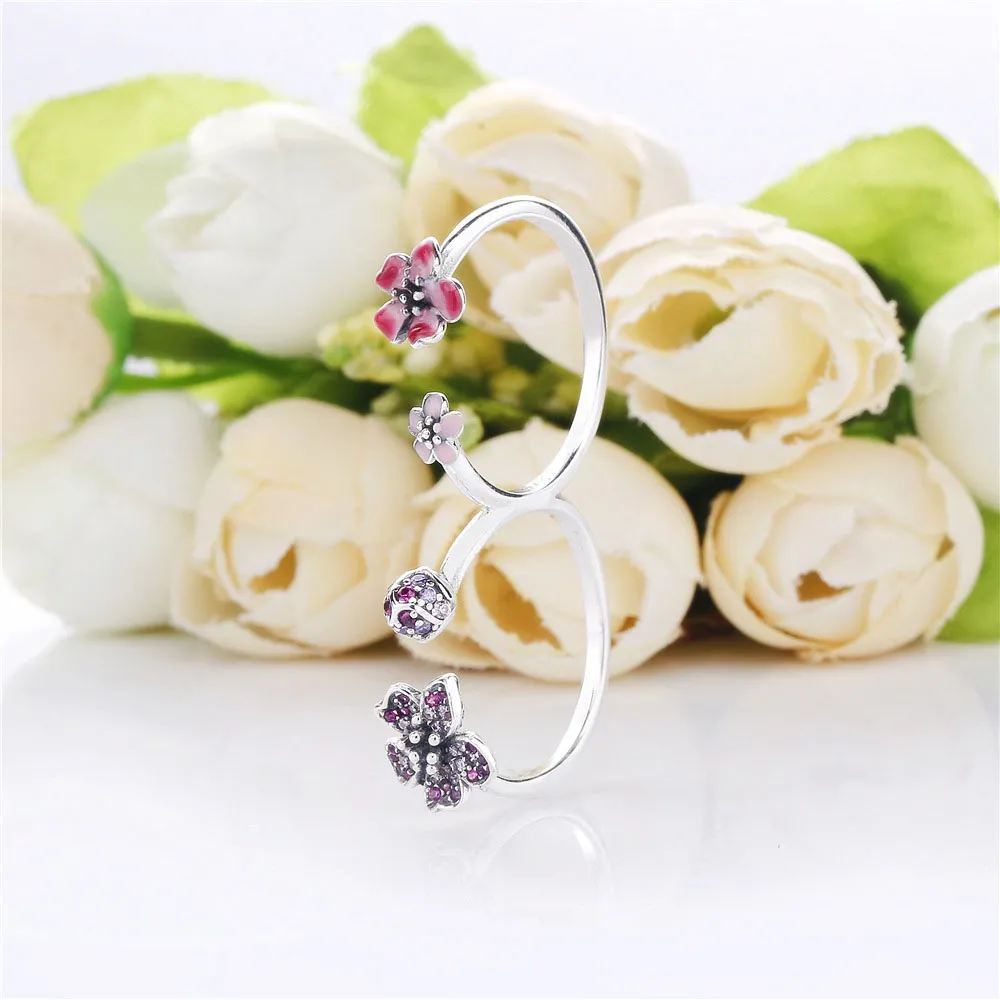 Pandora Double finger flower silver ring with cerise and fairy tale crystal, pink and clear CZ, pink synthetic sapphire and pink enamel - 198091NCCMX