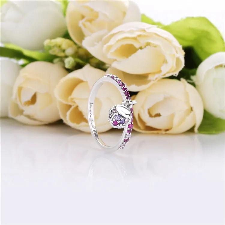 Pandora Flower bud silver ring with cerise crystal, pink cubic zirconia and pink synthetic sapphire - 198094NCCMX