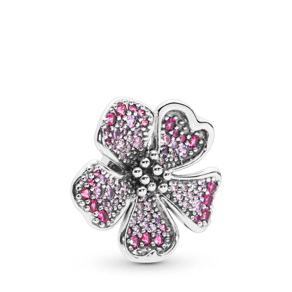 Pandora Flower silver charm with cerise crystal, pink synthetic sapphire and pink cubic zirconia - 798073NCCMX