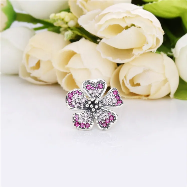 Pandora Flower silver charm with cerise crystal, pink synthetic sapphire and pink cubic zirconia - 798073NCCMX