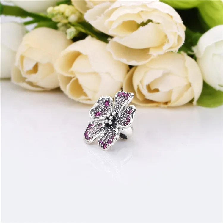 Pandora Flower silver charm with cerise crystal, pink synthetic sapphire and pink cubic zirconia - 798073NCCMX