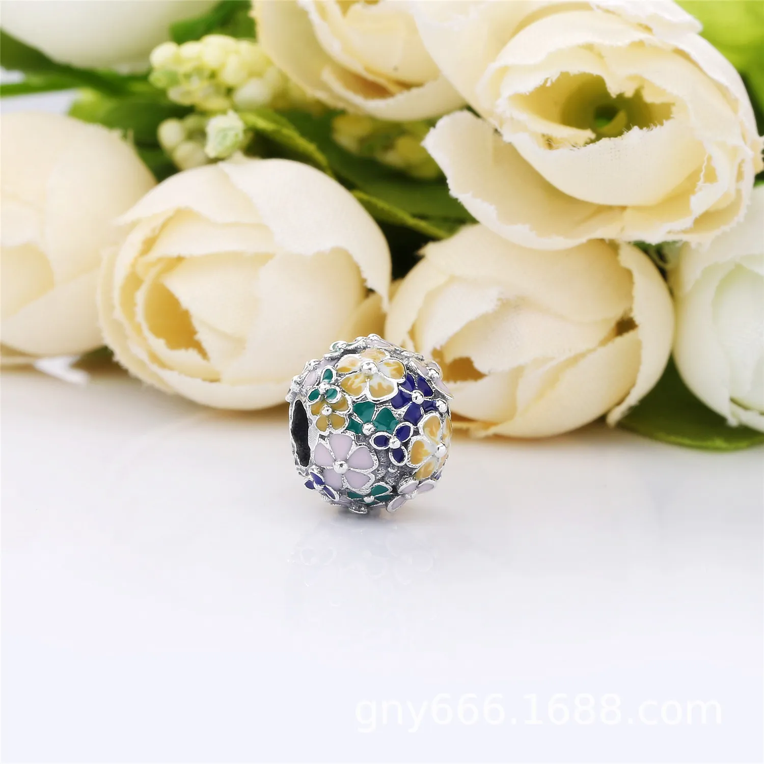 Pandora Flower silver charm with pink, green, blue, white and yellow enamel - 797907ENMX