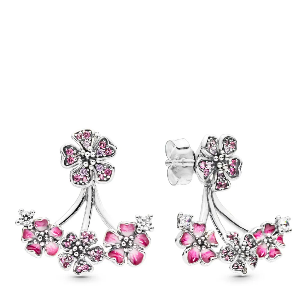 Pandora Flower silver stud earrings with cerise crystal, pink and clear CZ, pink synthetic sapphire, enamel and earring jackets - 298113NCCMX