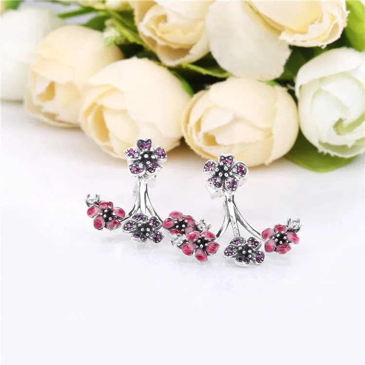 Pandora Flower silver stud earrings with cerise crystal, pink and clear CZ, pink synthetic sapphire, enamel and earring jackets - 298113NCCMX