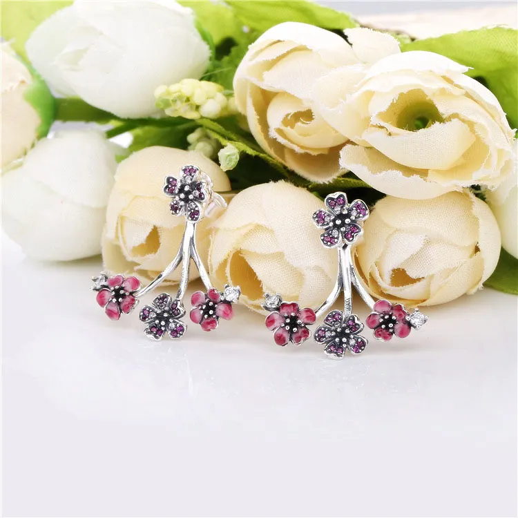 Pandora Flower silver stud earrings with cerise crystal, pink and clear CZ, pink synthetic sapphire, enamel and earring jackets - 298113NCCMX