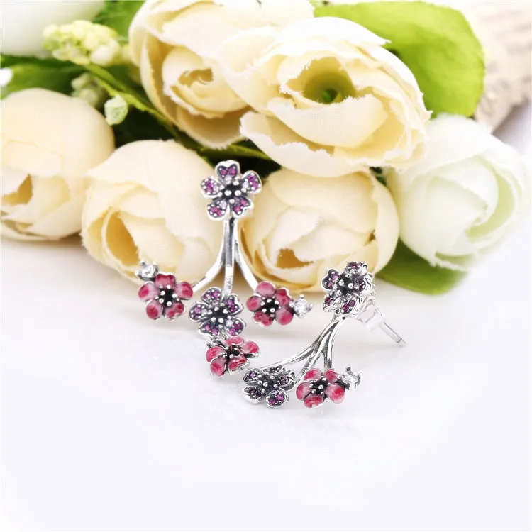 Pandora Flower silver stud earrings with cerise crystal, pink and clear CZ, pink synthetic sapphire, enamel and earring jackets - 298113NCCMX