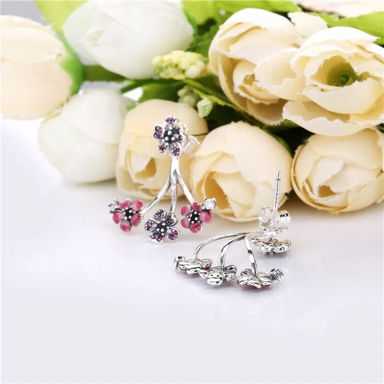 Pandora Flower silver stud earrings with cerise crystal, pink and clear CZ, pink synthetic sapphire, enamel and earring jackets - 298113NCCMX