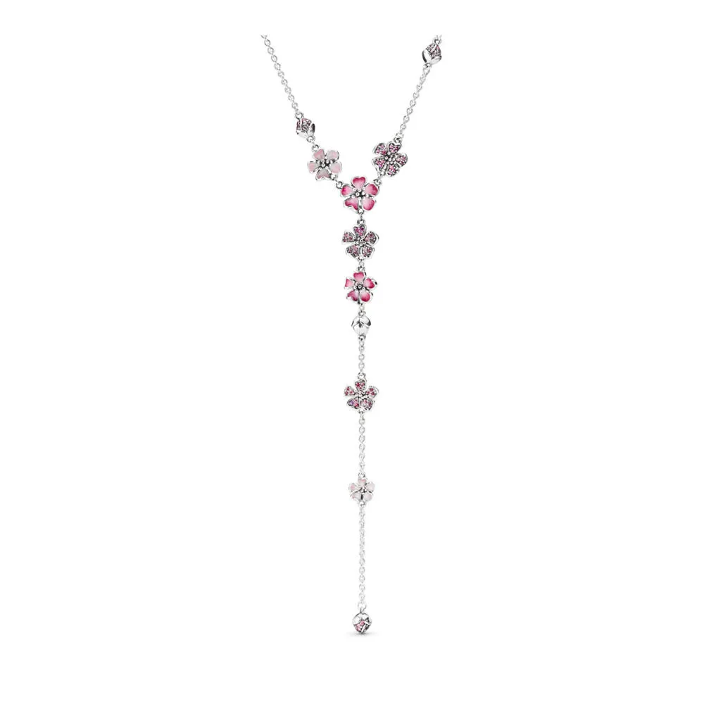 Pandora Flower silver Y-necklace with cerise crystal, pink cubic zirconia, pink synthetic sapphire and pink enamel - 398074NCCMX