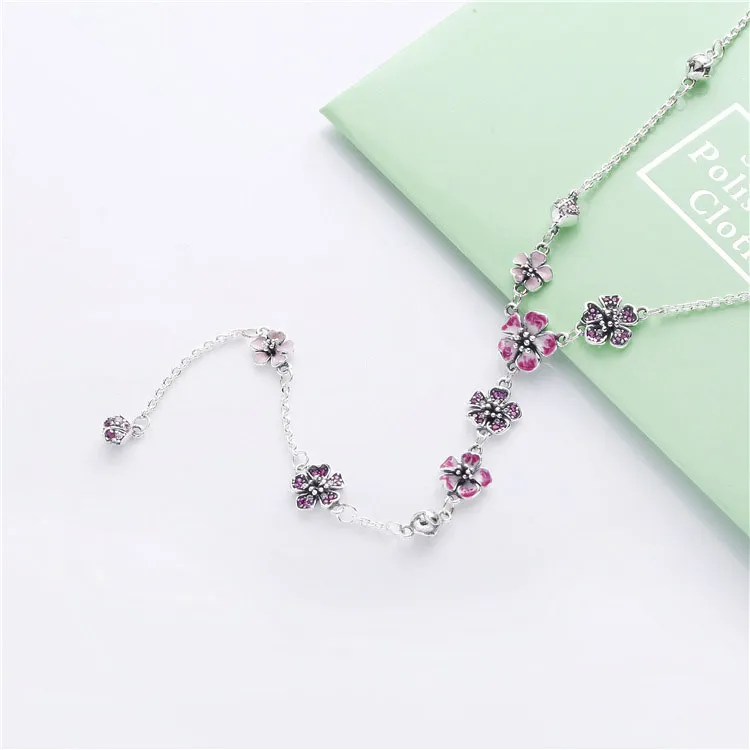 Pandora Flower silver Y-necklace with cerise crystal, pink cubic zirconia, pink synthetic sapphire and pink enamel - 398074NCCMX