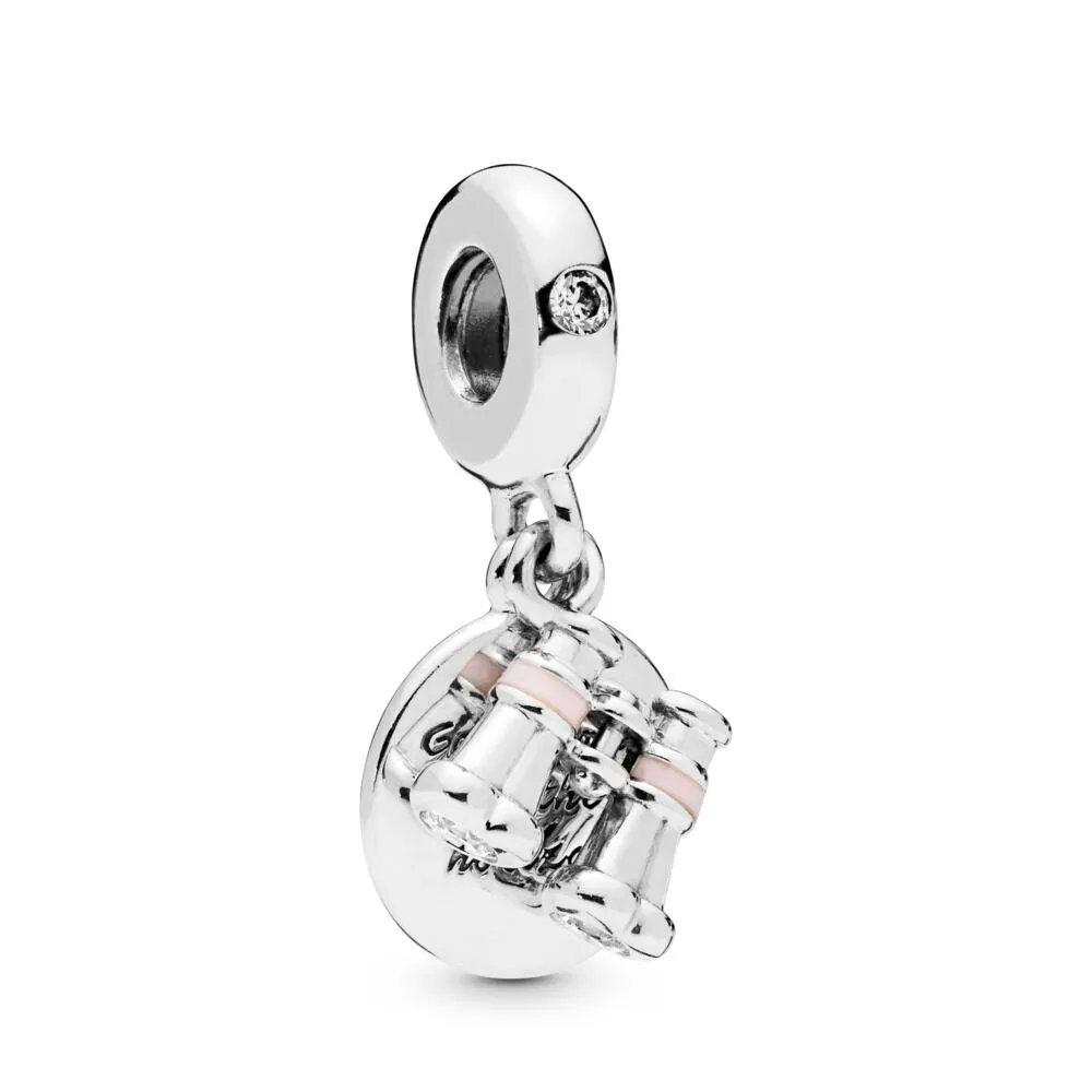 pandora kikkert sølv dingler med klar cubic zirconia og rosa emalje 798062cz