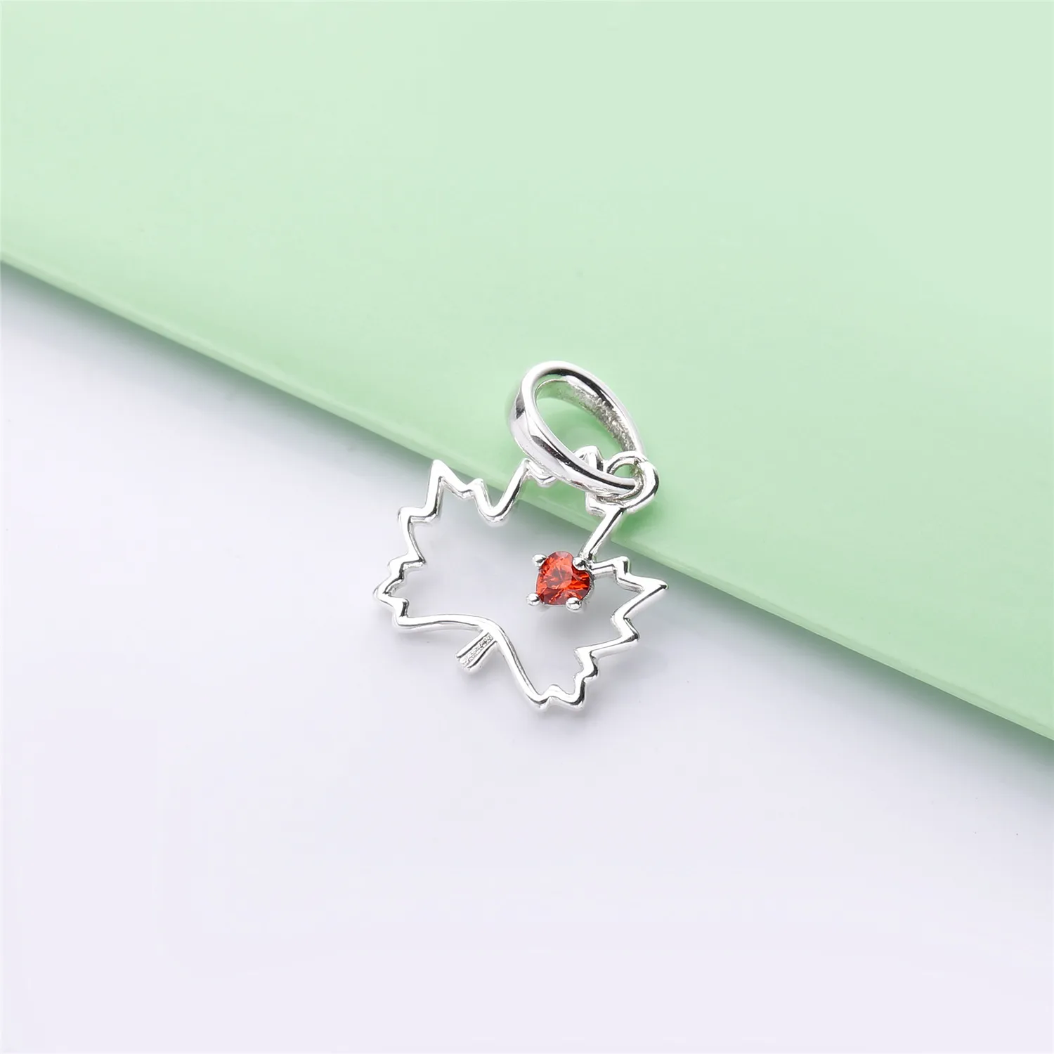 Pandora Maple leaf silver pendant with red cubic zirconia and necklace - 398026CZR-45