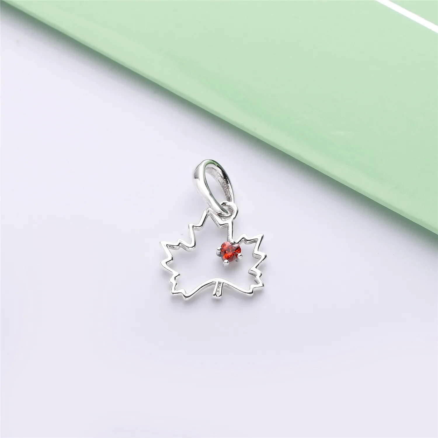 Pandora Maple leaf silver pendant with red cubic zirconia and necklace - 398026CZR-45