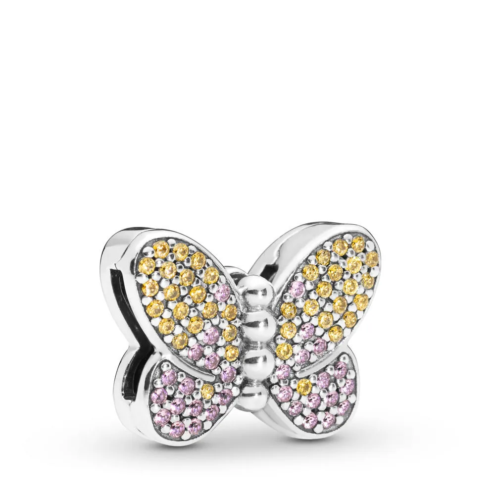 pandora reflexions butterfly sølv clip sjarm med honning cubic zirconia og rosa krystall 797864czm