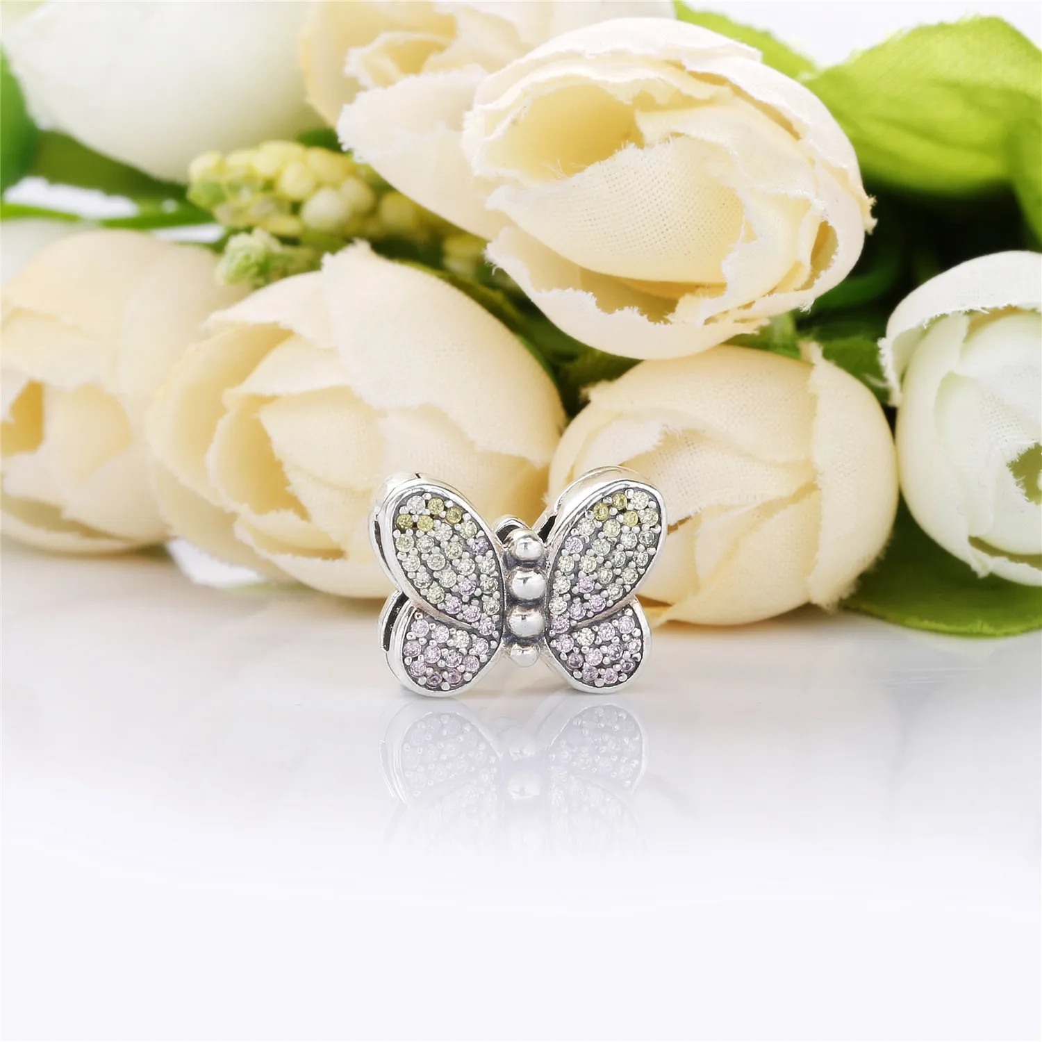 Pandora Reflexions butterfly sølv clip sjarm med honning cubic zirconia og rosa rosa krystall - 797864CZM