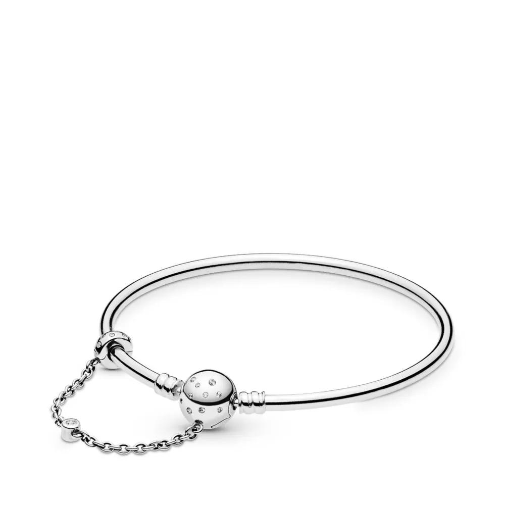 pandora silver bangle with clear cubic zirconia and chain with clip detail 597846cz