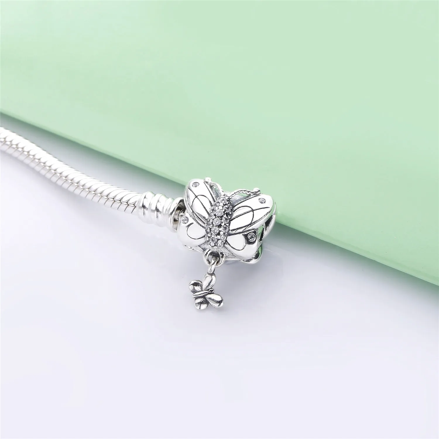 Pandora Snake chain silver bracelet and butterfly clasp with clear cubic zirconia - 597929CZ