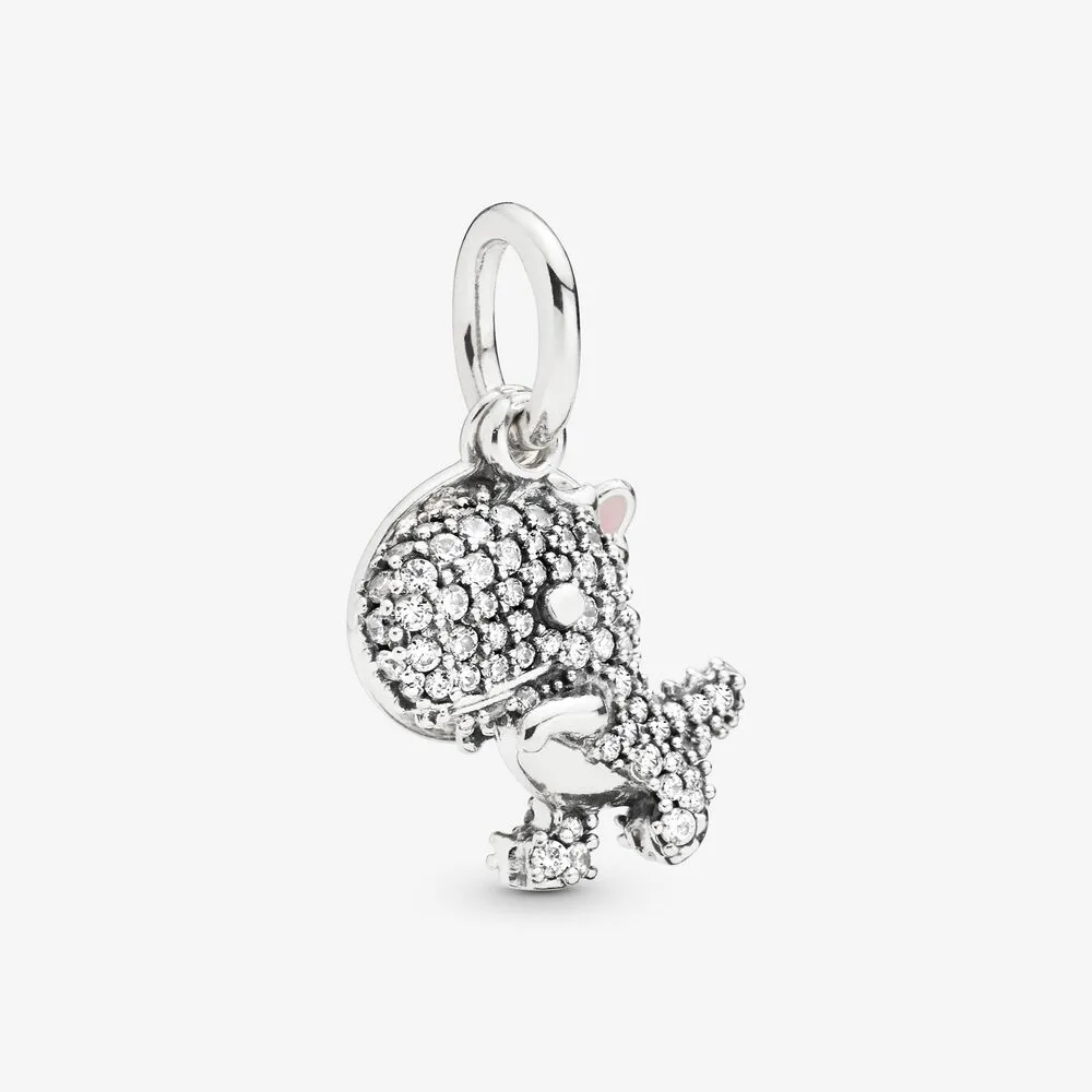 pandora dinosaur sølv dingler med klar cubic zirconia og rosa emalje 798186cz