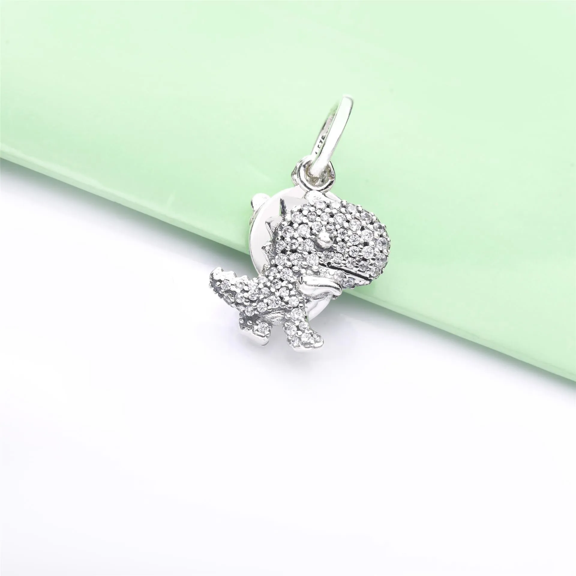 Pandora Dinosaur sølv dingler med klar cubic zirconia og rosa emalje - 798186CZ