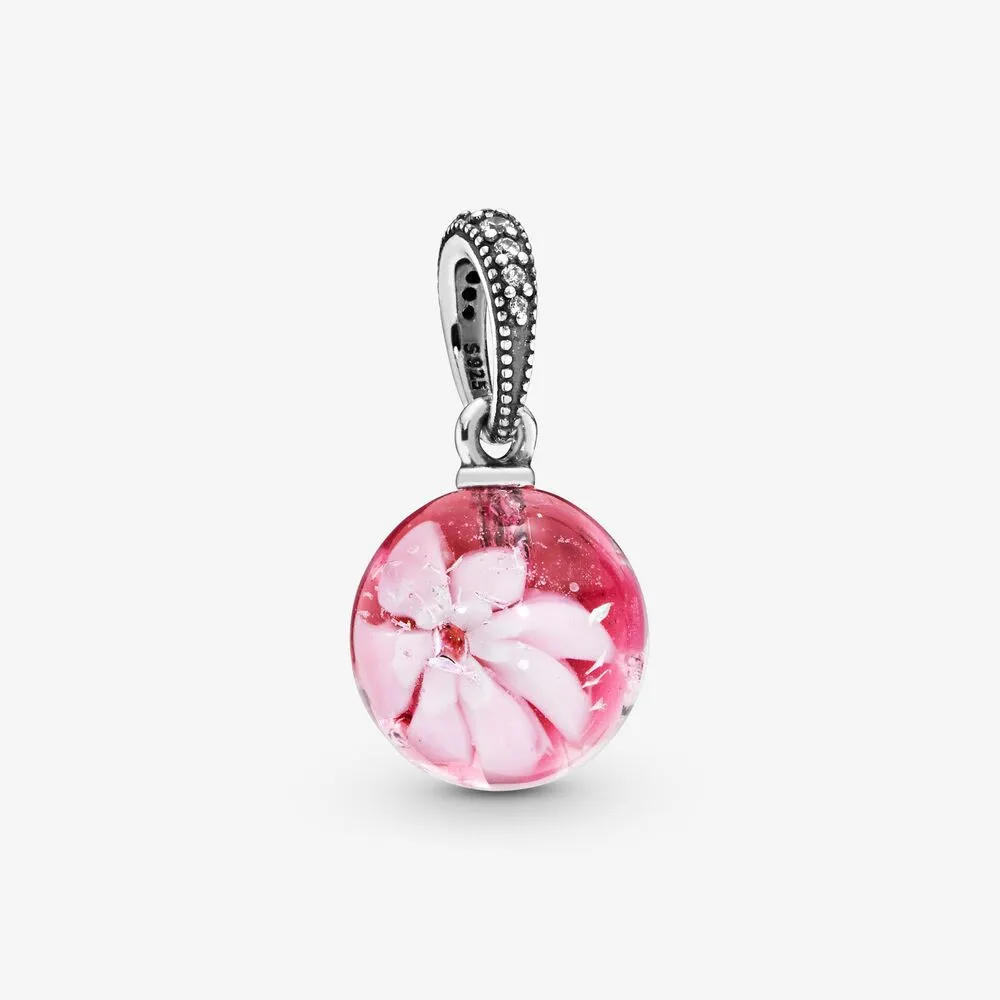 Pandora Flower silver dangle with clear cubic zirconia, pink and white Murano glass - 798082CZ