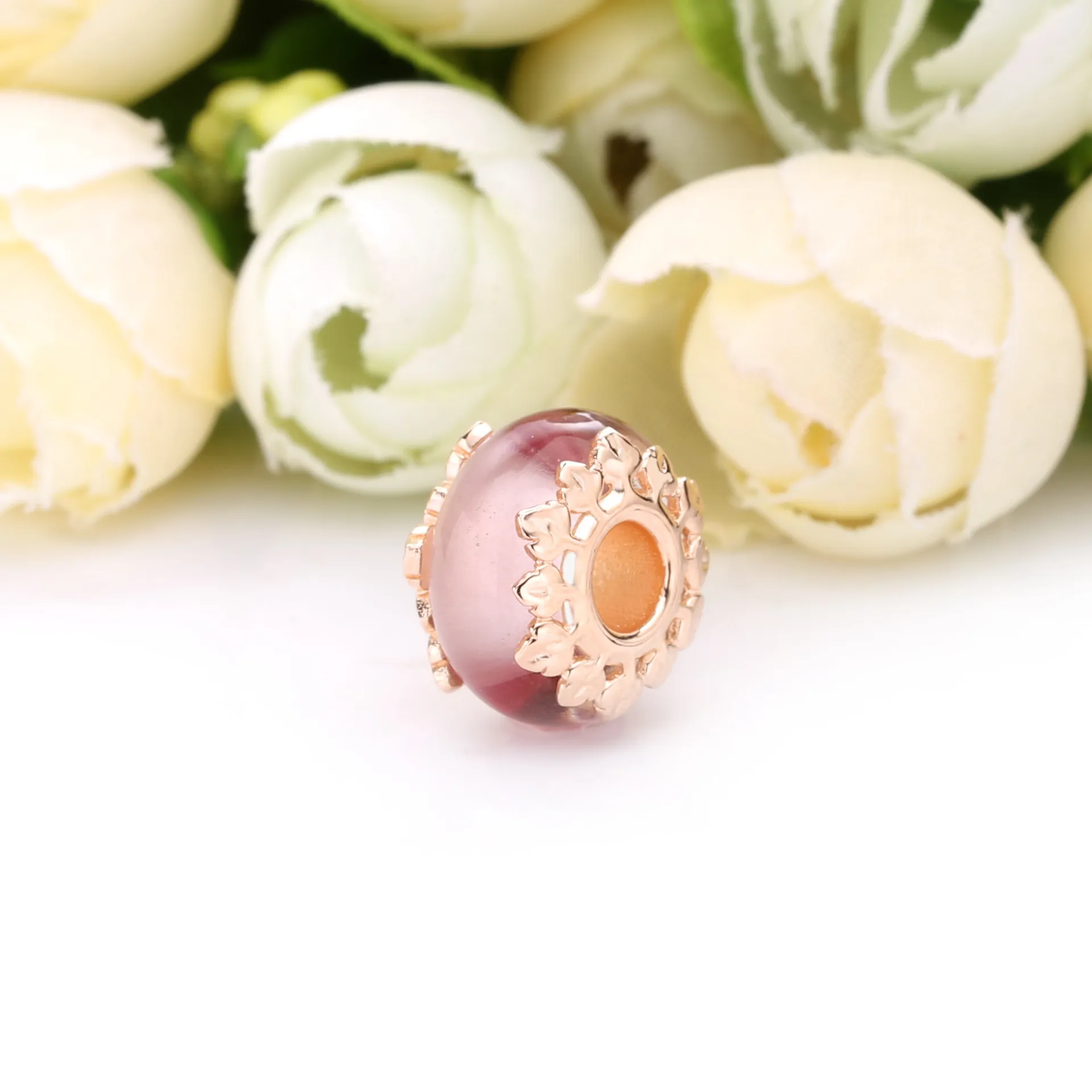 Pandora Rosa Muranoglass og Blader Charm - 788244